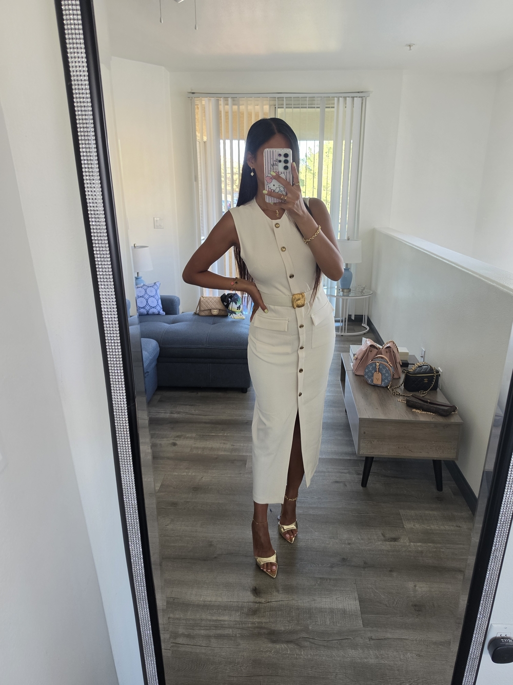 Zara Cream Button-Front Midi Dress with Gold Accents - Picture 8 of 17